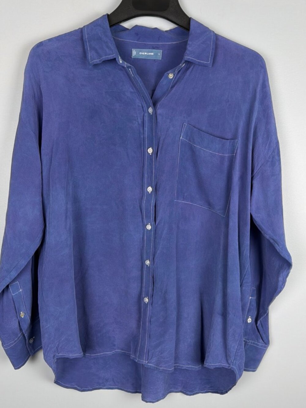 Everlane Silk Button Down Shirt Womens 12 Purple Pockets Preppy Capsule Minimal